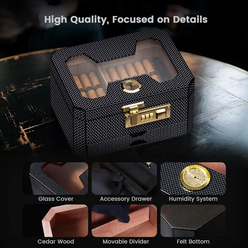 Vista 8 de Humidor de puros con cerradura de combinación, humidor de escritorio de madera de cedro con humidificador e higrómetro, cajón de accesorios, 2