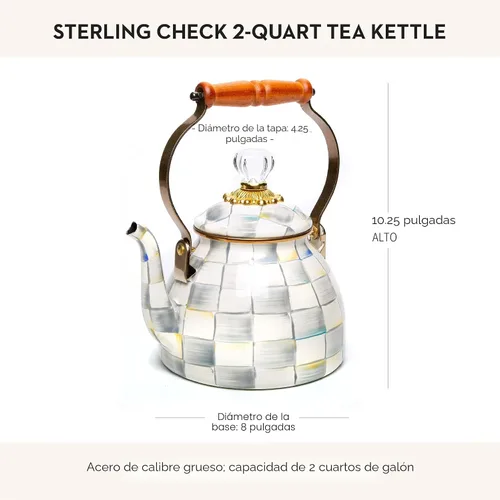 Vista 4 de MACKENZIE-CHILDS - Hervidor de té, 2 cuartos de galón, gris y blanco Diseño pintado a mano, hecho de acero esmaltado con mango de madera, ideal