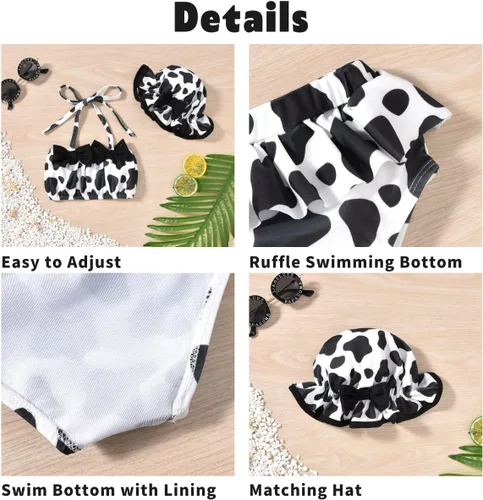 Vista 4 de Aalizzwell Conjunto de bikini de 3 piezas para niñas pequeñas con sombrero