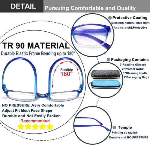 Vista 4 de EYEURL Gafas de lectura para mujer, lentes de bloqueo de luz azul que reducen la fatiga ocular, paquete de 2 unidades, marco TR90 ligero +0.0
