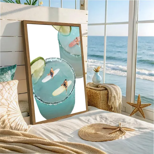 Vista 5 de Juego de 3 pinturas de pared costeras azules enmarcadas, decoración de pared de playa con bola de discoteca preppy, pinturas de surf retro Y2K