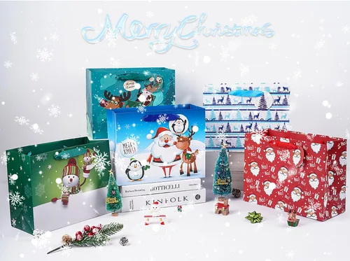 Vista 5 de JWSCYSY 18 Pack Bolsas de regalo de papel de Navidad con papeles de seda a granel, bolsas de regalo de Navidad medianas con diseños surtidos