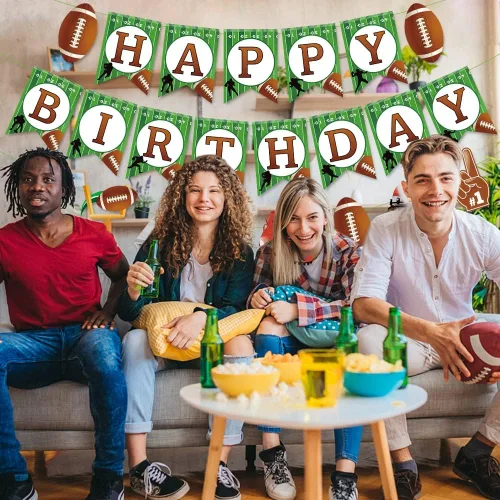 Vista 2 de Decoraciones de fiesta de fútbol americano con texto en inglés «Happy Birthday» para fiestas de cumpleaños, banderines con temática deportiva