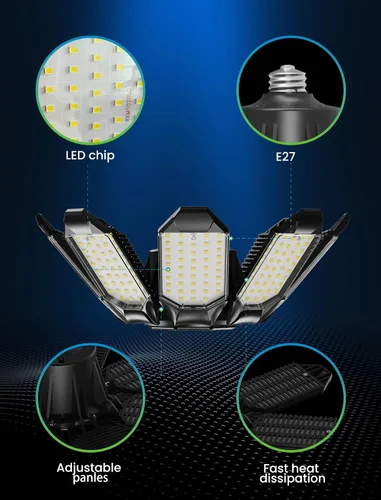 Vista 5 de luces LED de garaje - 250W techo LED con 8 paneles ajustables, 25000LM luz de tienda deformable para garaje, sótano, granero, luz de techo alto