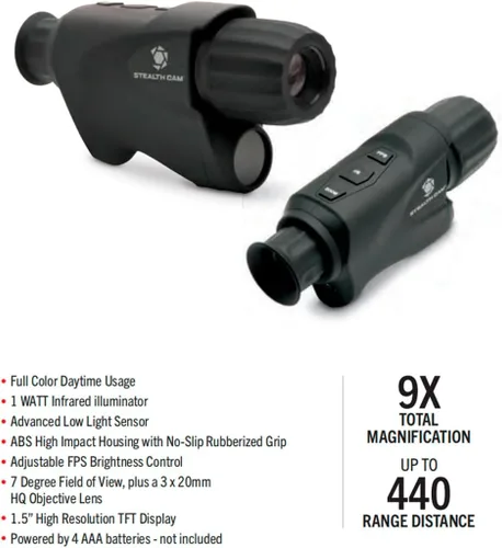 Vista 3 de Stealth Cam Monocular Digital de Caza Nocturna de 3x20mm con Lente Objetivo HQ de Alta Resolución, Filtro Infrarrojo 9X, Antideslizante y Resistente