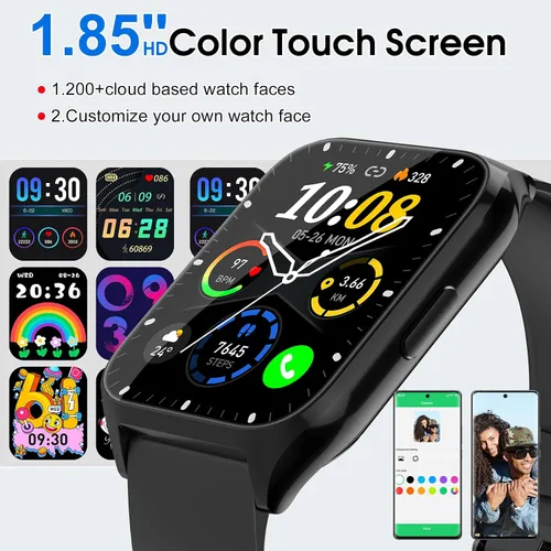 Vista 2 de Reloj inteligente para hombres y mujeres (respuesta/hacer llamadas), reloj de fitness HD de 1.85 pulgadas con monitor de frecuencia cardíaca y Negro