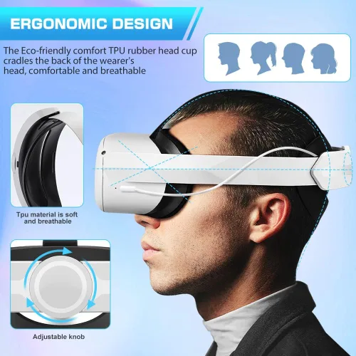 Vista 4 de Quest 2 Elite Strap with Battery 6000mAh Vrbort Adjustable VR Headset Strap Replacement Fast Charging White