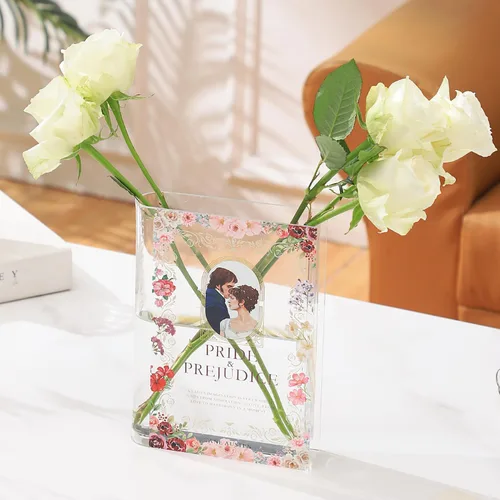 Vista 16 de Florero acrílico con forma de libro para flores, florero de libro, pequeños jarrones transparentes para el hogar, sala de estar, estantería