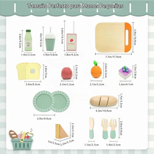 Vista 4 de Juego de picnic – Comida de madera para jugar – Juegos de comida de juego para la cocina de los niños – Comida de simulación, comida de juguete