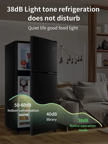 Vista 6 de KRIB BLING Refrigerador de 3.5 pies cúbicos con congelador, puerta doble vintage, cerradura fresca, termostato ajustable de 7 niveles para Negro