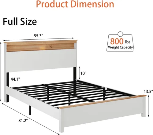 Vista 2 de Base de cama de madera de tamaño matrimonial, cama de plataforma de madera de pino maciza de color blanco con cabecero, 450 libras, resistente,