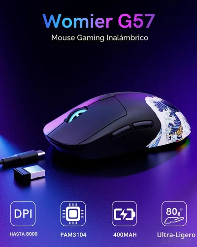 Vista 3 de G57 - Mouse inalámbrico para juegos, 8000 DPI, 2.82 oz, 2.4G/Bluetooth/USB-C, recargable con 5 botones programables para PC/Mac, color negro