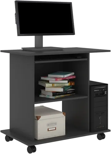 Vista 4 de Compact Gray Computer Desk with Sliding Components, Engineered Wood Construction, Modern Design for Home Office, Includes Three Built-in Shelves and