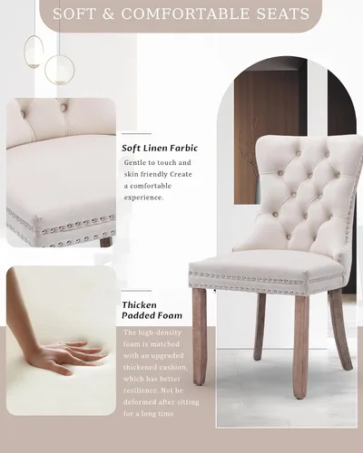 Vista 4 de Juego de 2 sillas de comedor de terciopelo con patas de madera, color beige Mid Century Modern Dining Chairs,Upholstered Chairs with Nailhead