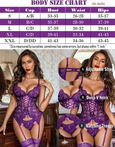 Vista 6 de Avidlove Conjunto de lencería de encaje para mujer con liguero, body de una pieza con bragas S-XXL