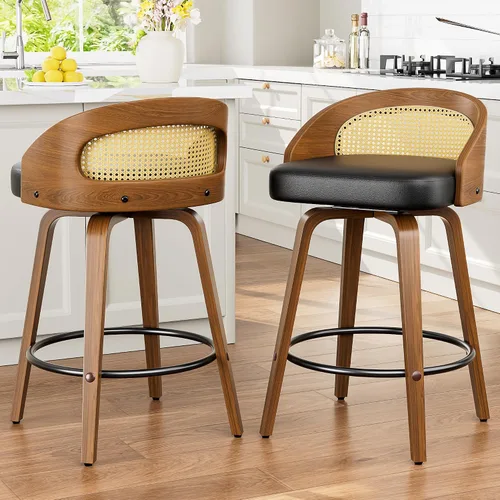 Vista 12 de YaFiti Taburetes de bar, taburetes de bar de 26 pulgadas de altura de mostrador con patas de madera curvada, taburetes giratorios con respaldo