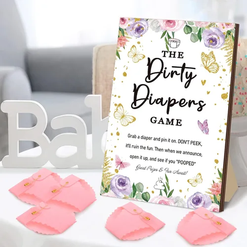 Vista 6 de BBTO 51 piezas de pañales sucios para baby shower, juego de mariposa para baby shower, divertido letrero de madera, 50 piezas, mini pañal de fieltro