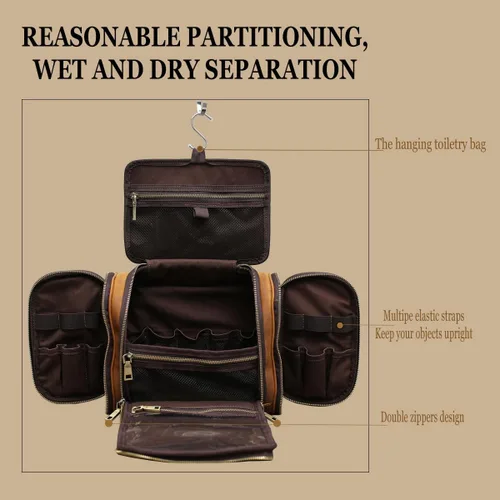 Vista 2 de Neceser colgante, bolsa personalizada de cuero genuino para hombre y mujer, organizador de viaje para artículos de tocador, regalo para el mejor