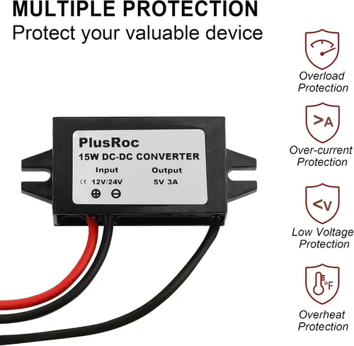 Vista 4 de PlusRoc - Convertidor impermeable DC 12V/24V a 5V 3A, enchufe macho CC de 0.217x0.083 in Stable 5V/3A Output, Waterproof Sealed Enclosure