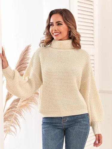 Vista 2 de Suéter de manga larga tipo farol de cuello alto para mujer, de punto gofre, de gran
