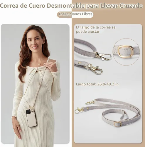 Vista 2 de Funda para iPhone 14 de 6.1'', Funda Cartera Cruzada Desmontable con Ranuras para Tarjetas con Bloqueo RFID, Anillo de Soporte de 360°, Funda Beige