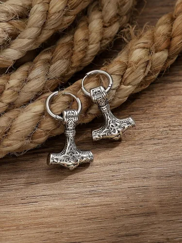 Vista 2 de HAQUIL Viking Jewelry - Amuleto vikingo con diseño de hacha de lobo y runa Mjolnir, aretes colgantes para hombres y mujeres