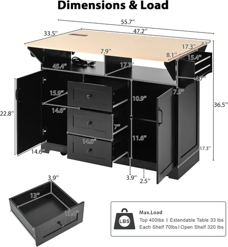 Vista 2 de Isla de cocina de 2 hojas caídas sobre ruedas, carrito de cocina rodante con tomas de corriente, mesa de isla de cocina con 2 gabinetes