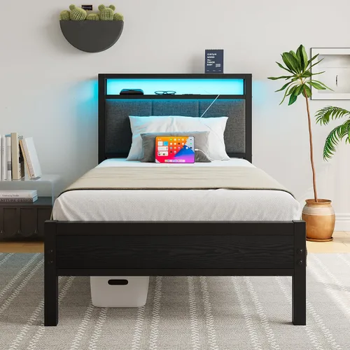 Vista 12 de Base de cama de tamaño matrimonial con estantes de almacenamiento, cabecera tapizada, color gris LED Lights Charging Station,Heavy Duty Metal Bed