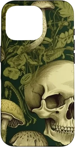 Vista 20 de iPhone 16 Skull Pattern Olive Green Mushroom Case