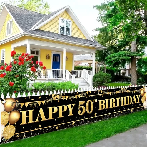 Vista 5 de KatchOn, Cartel de feliz cumpleaños 50 extra grande – 120 x 20 pulgadas Decoraciones de cumpleaños 50 para mujeres y hombres Cartel de feliz