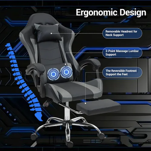 Vista 4 de Silla ergonómica para juegos con madera de masaje, silla de videojuegos gris con reposapiés para adultos y niños, reposacabezas ajustable y soporte