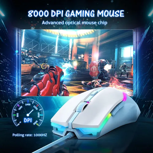 Vista 2 de WEEMSBOX Mouse para juegos con cable con 7 modos retroiluminados RGB mouse blanco para juegos 8000 DPI ajustables 6 botones programables mouse
