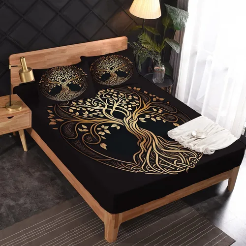 Vista 2 de Juego de sábanas de tamaño individual con diseño de árbol de la vida, sábanas de microfibra suave y bolsillo profundo, sábanas y fundas de almohada