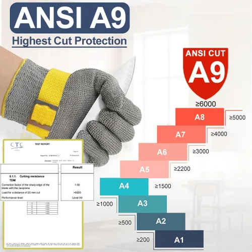 Vista 2 de Dowellife ANSI A9 - Guante resistente a los cortes de grado alimenticio, malla de acero inoxidable, guante de corte de cuchillo de metal