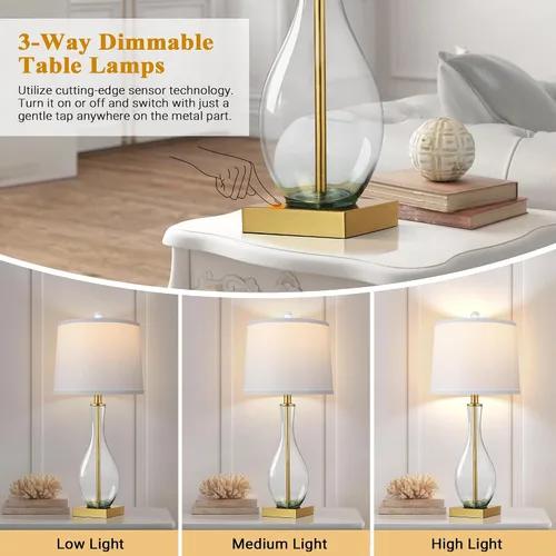 Vista 17 de Juego de 2 lámparas de mesa de cristal de 27 pulgadas con puertos USB, lámparas táctiles para mesita de noche 3-Way Dimmable,E26 Base, Bulbs
