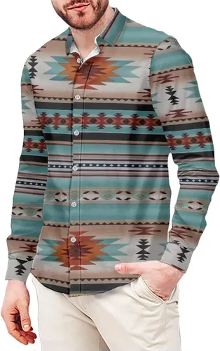 Vista 20 de Camisas aztecas grandes y altas para hombre, diseño étnico azteca tribal del suroeste, camiseta delgada de manga larga con botones