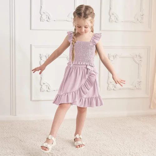 Vista 4 de CARETOO Conjunto de falda para niña, 2 piezas, vestido de verano sin mangas, parte superior con volantes, estampado floral, ropa para niños grandes