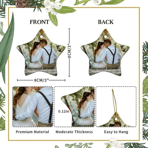 Vista 2 de Design You Own Adorno personalizado con forma de estrella, adorno de cerámica para árbol de Navidad, colgante de porcelana con cuerda dorada