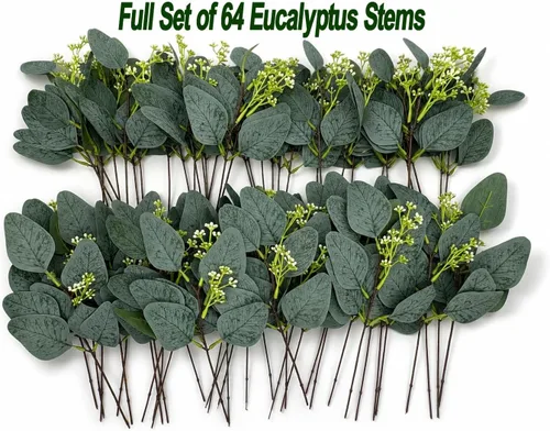 Vista 2 de 64 tallos de vegetación artificiales, tallos de eucalipto de dólar plateado con 384 hojas de eucalipto, ramas de semillas blancas para arreglos
