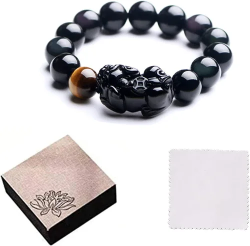 Vista 7 de Pulsera de obsidiana negra, pulsera de obsidiana negra Feng Shui para mujeres y hombres, pulsera elástica de obsidiana con piedra de ojo de tigre