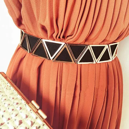 Vista 9 de Cinturón elástico ancho para mujer de metal triángulo para vestidos de señoras cinturones elásticos con hebilla de enclavamiento