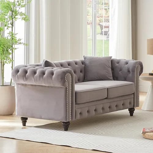 Vista 11 de Harper & Bright Designs Sofá Chesterfield de terciopelo de 62 pulgadas de dos plazas, moderno y clásico con brazo enrollado con botones y decoración