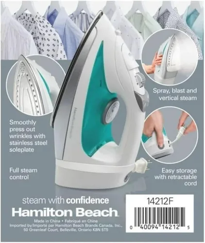 Vista 8 de Hamilton Plancha de vapor retráctil con cable Potente 1200 W, suela antiadherente, vapor vertical, apagado automático