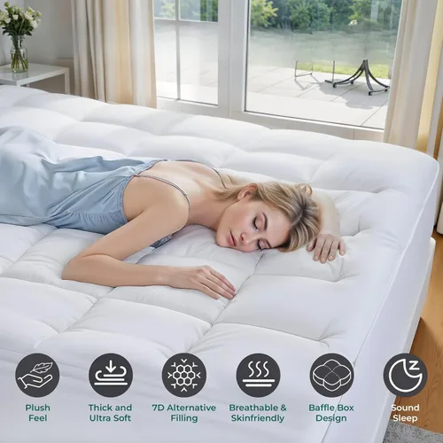 Vista 3 de Cubrecolchón refrescante extra grueso – Protector de colchón que reduce el dolor, protector acolchado suave, alternativa de relleno excesivo, parte