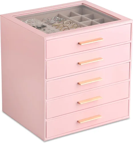 Vista 16 de Frebeauty Joyero para mujer, organizador de joyas con tapa transparente con 3 cajones Marrón Oscuro