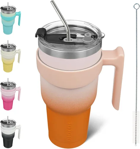 Vista 70 de BJPKPK Mini vaso de 10 onzas con tapa, popote y asa, taza de acero aislada