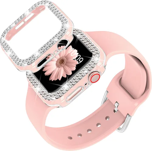 Vista 12 de DABAOZA Compatible con Apple Watch de 1.496 pulgadas con funda de parachoques con purpurina, correa ajustable de silicona negra, suave y cómoda