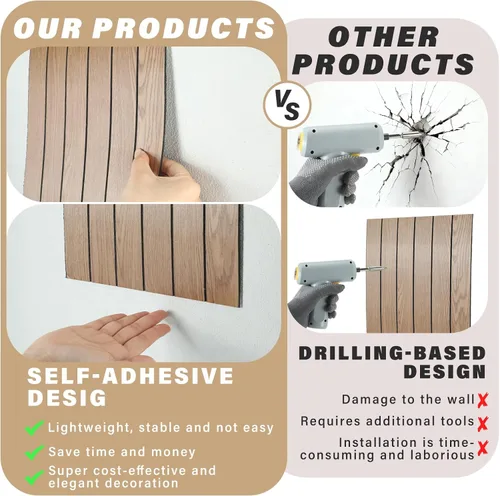 Vista 3 de 10 paneles de pared de listones de madera para despegar y pegar, paneles de pared decorativos de 12 x 12 pulgadas, paneles autoadhesivos con textura