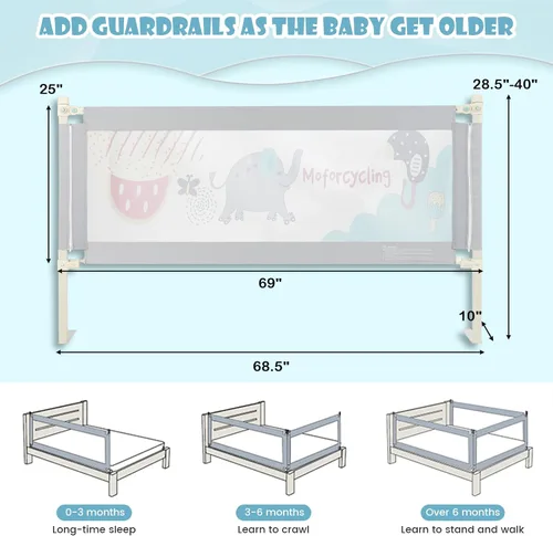 Vista 7 de GLACER Riel de cama para niños pequeños, 77 pulgadas extra largo, protector de riel de cama de bebé ajustable en altura con diseño de elevación