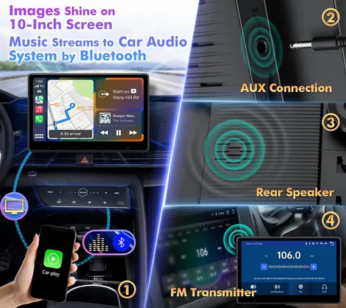 Vista 4 de Pantalla táctil de 10" para coche, utilizada para Apple Carplay inalámbrico Android Auto MirrorLink, estéreo de coche portátil con Bluetooth, cámara